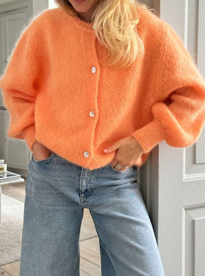 Dames Gebreide Cardigan Trui met Knoopsluiting Ronde Hals - Oranje