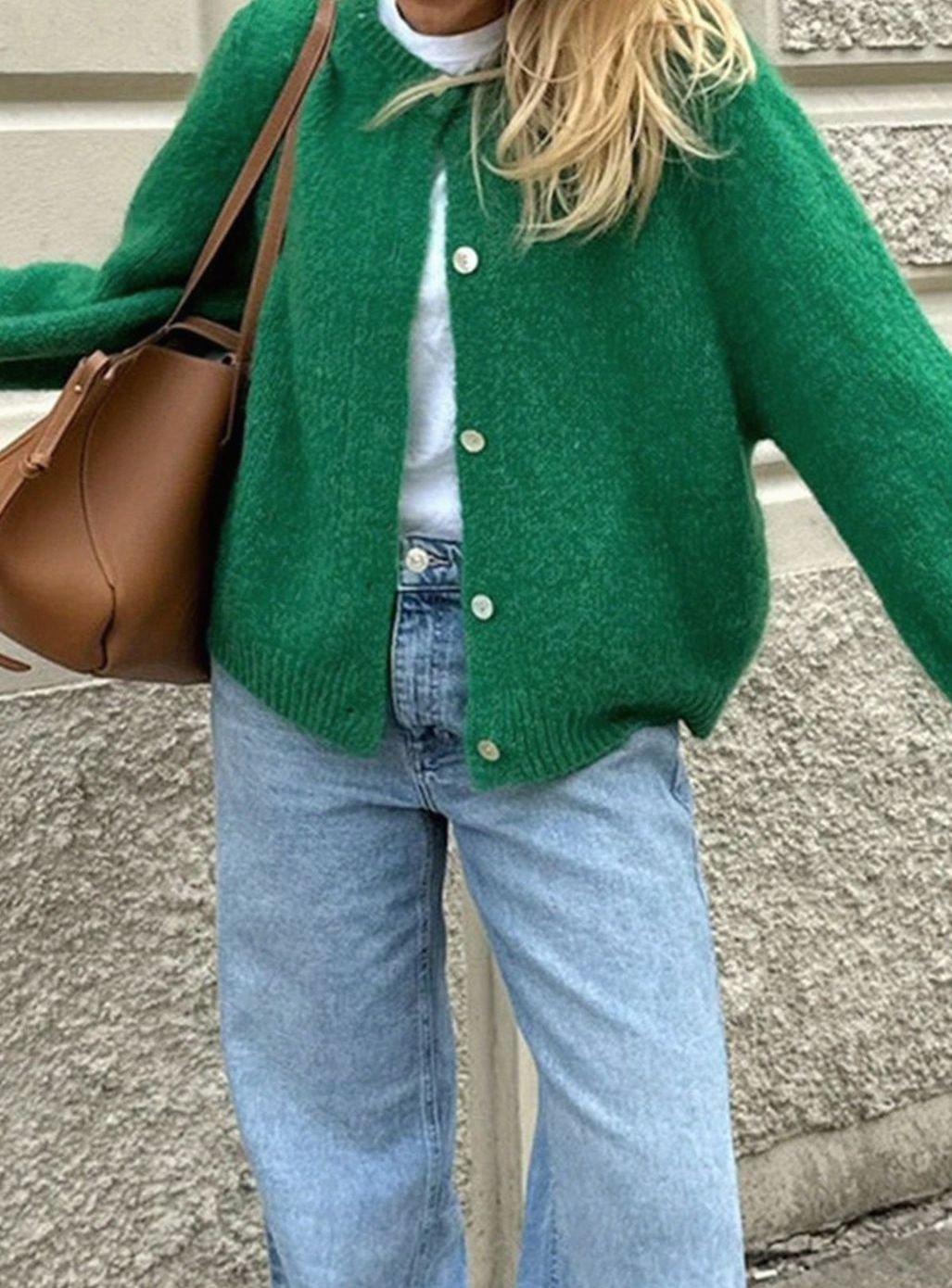 Dames Gebreide Cardigan Trui met Knoopsluiting Ronde Hals - Groen
