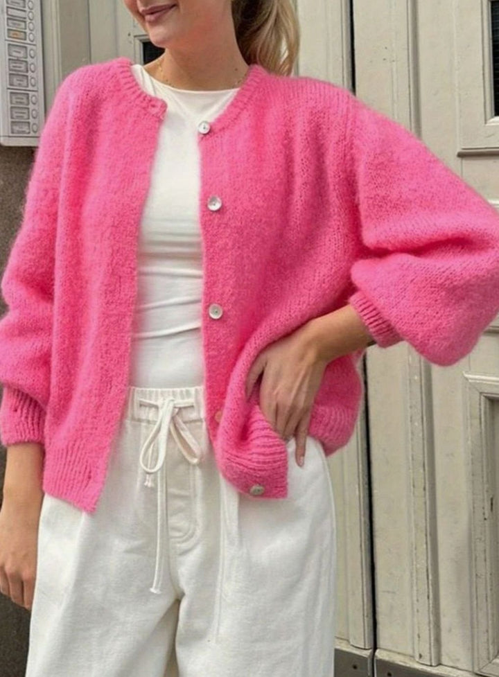 Dames Gebreide Cardigan Trui met Knoopsluiting Ronde Hals - Donkerroze