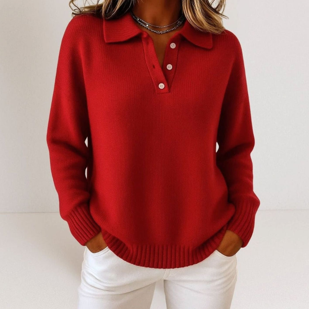 Dames Gebreide Polokraag Trui met Knoopsluiting Relaxed Fit - Rood