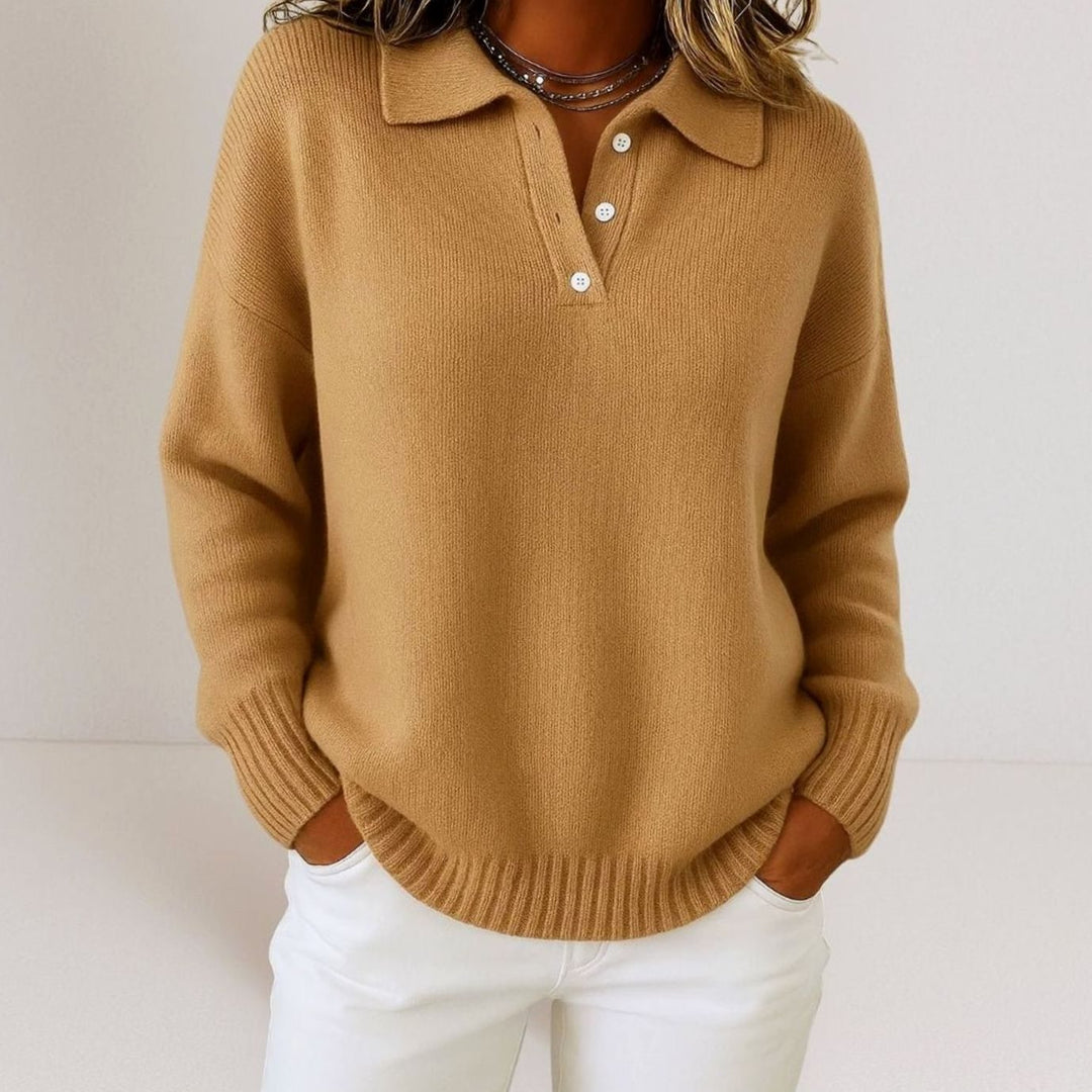 Dames Gebreide Polokraag Trui met Knoopsluiting Relaxed Fit - Bruin