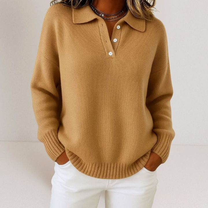 Dames Gebreide Polokraag Trui met Knoopsluiting Relaxed Fit - Bruin
