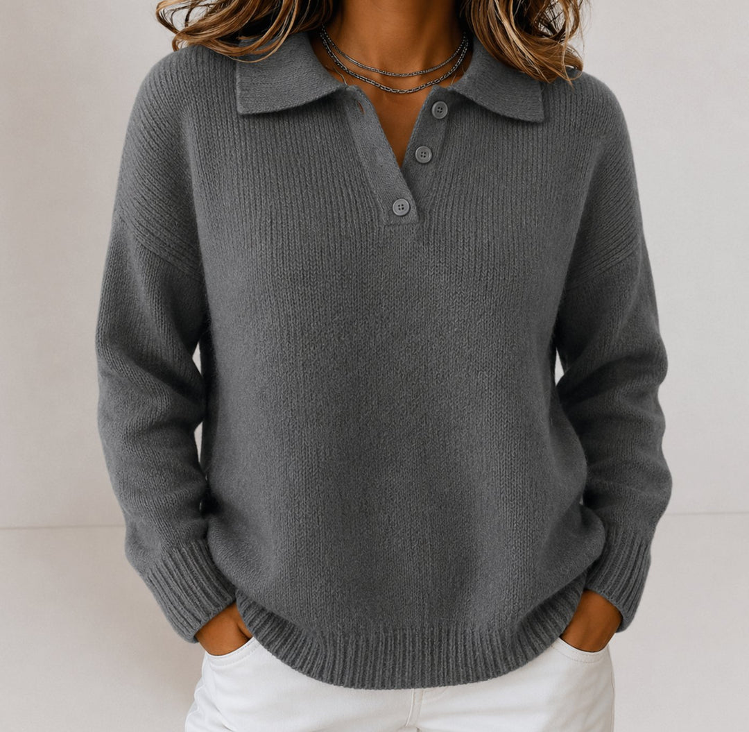 Dames Gebreide Polokraag Trui met Knoopsluiting Relaxed Fit - Grijs