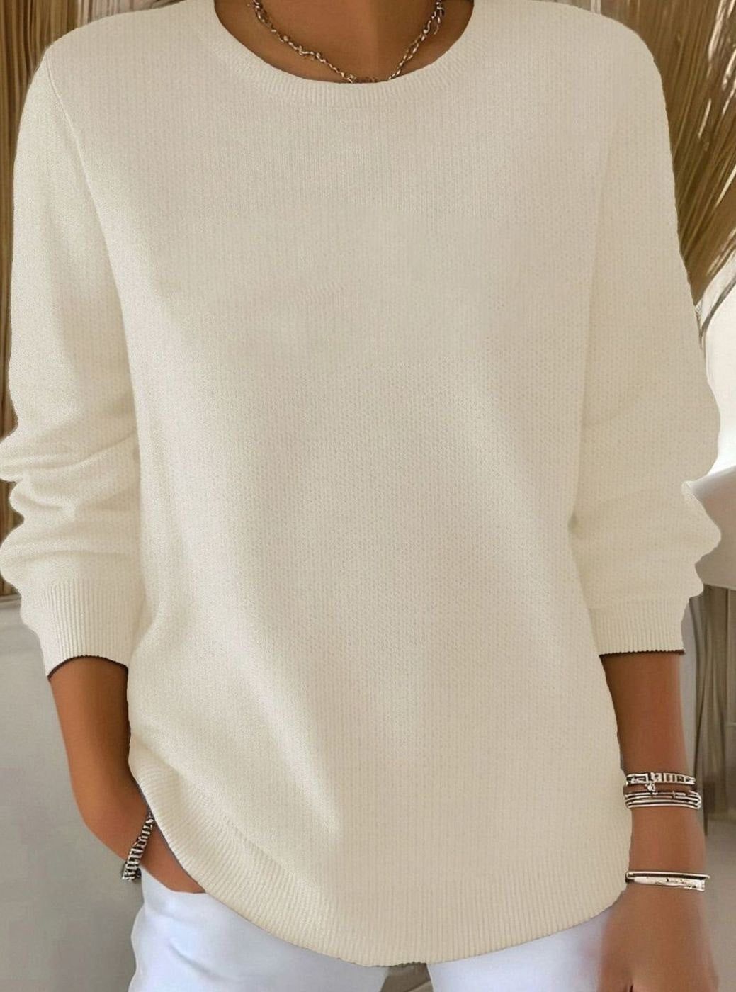 Dames Gebreide Pullover Ronde Hals Losse Pasvorm Lange Mouwen - Abrikoos