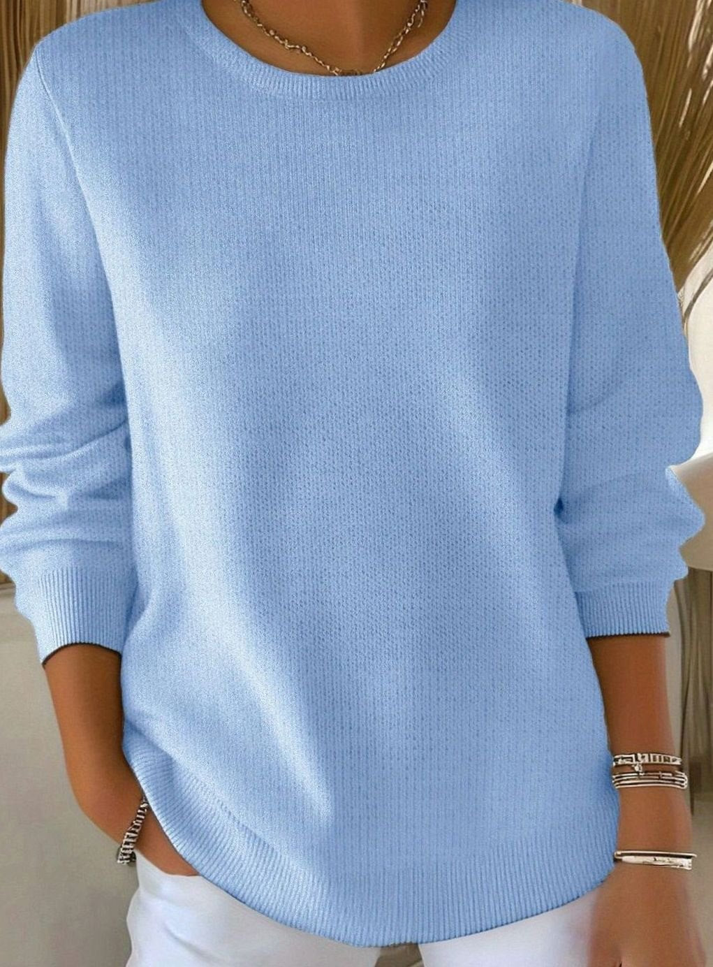 Dames Gebreide Pullover Ronde Hals Losse Pasvorm Lange Mouwen - Lichtblauw