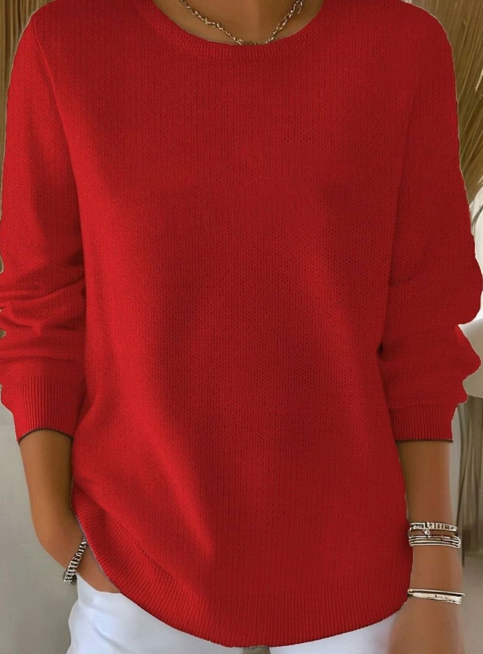 Dames Gebreide Pullover Ronde Hals Losse Pasvorm Lange Mouwen - Rood