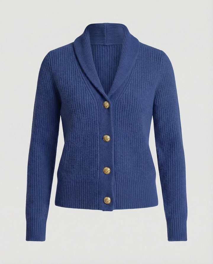 Dames Gebreide Revers-Kraag Knoopsluiting Cardigan - Donkerblauw