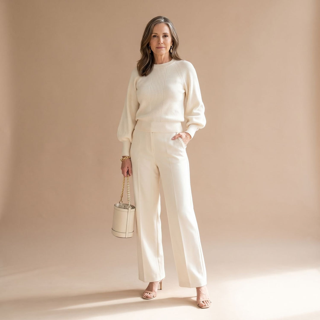 Dames Gebreide Set Ribbelstructuur Wijdvallende Broek Sweater