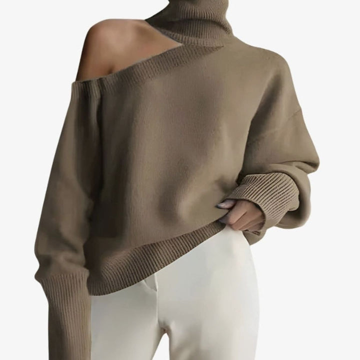 Dames Gebreide Trui met Turtleneck en Off-Shoulder Detail - Khaki