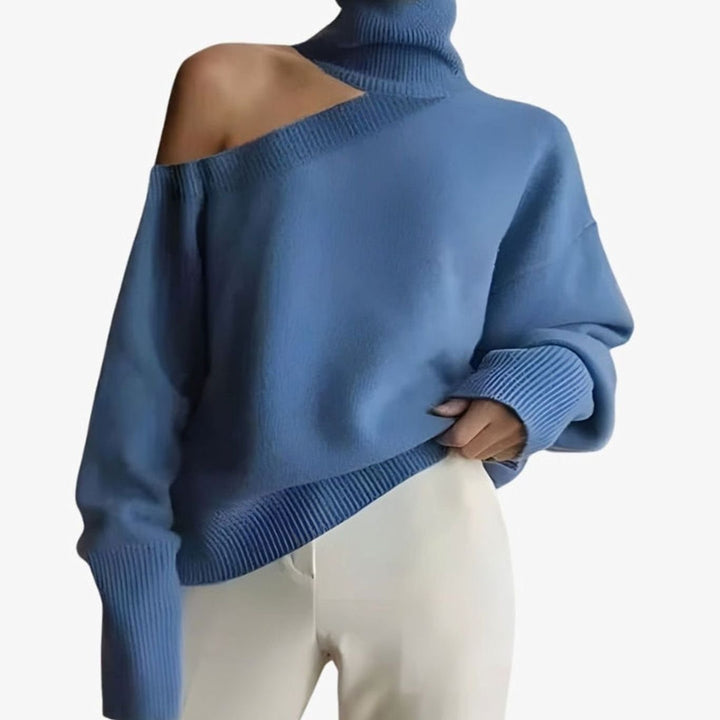 Dames Gebreide Trui met Turtleneck en Off-Shoulder Detail - Blauw