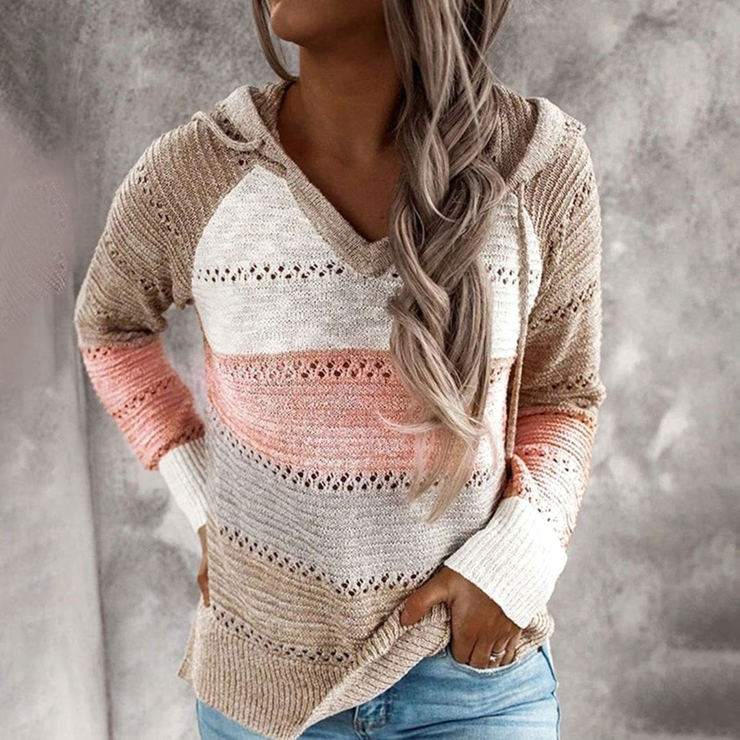 Dames Gebreide Trui met V-hals Capuchon Colorblock Losse Pasvorm - Kaki