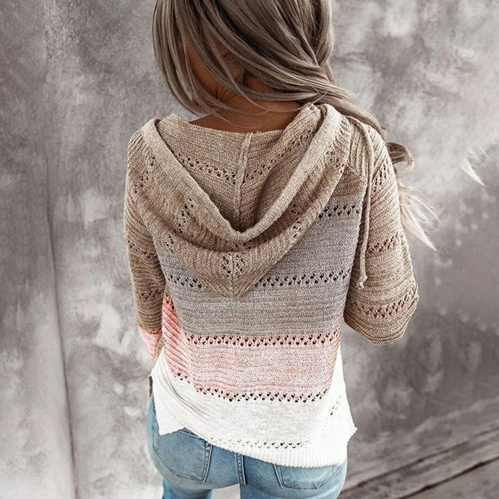 Dames Gebreide Trui met V-hals Capuchon Colorblock Losse Pasvorm