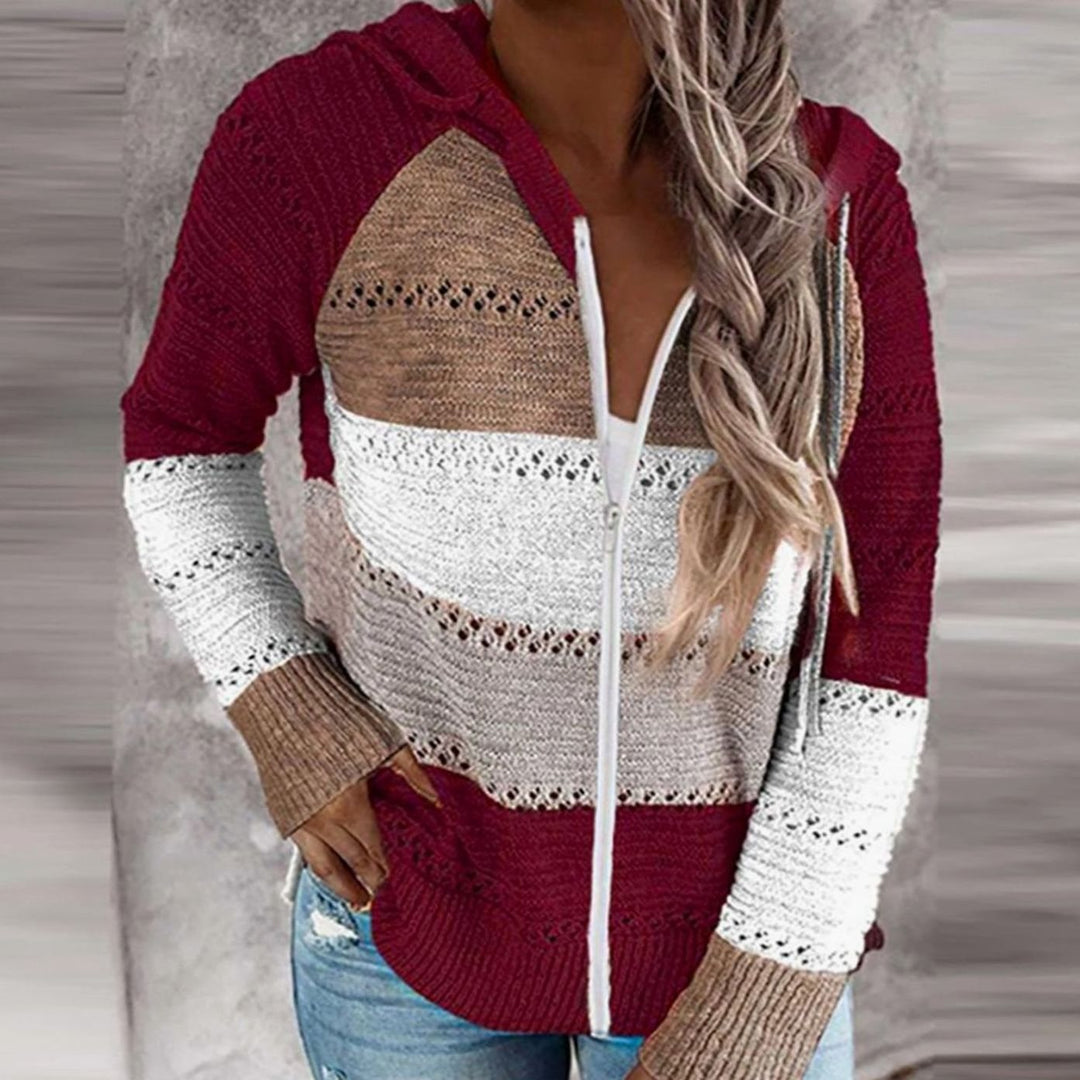 Dames Gebreide Trui met V-hals Capuchon Colorblock Losse Pasvorm - Bordeaux