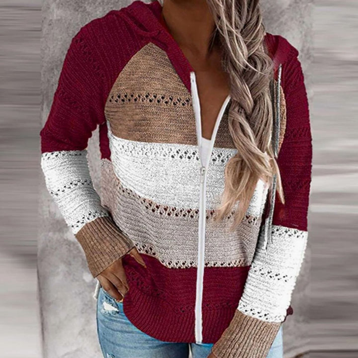 Dames Gebreide Trui met V-hals Capuchon Colorblock Losse Pasvorm - Bordeaux
