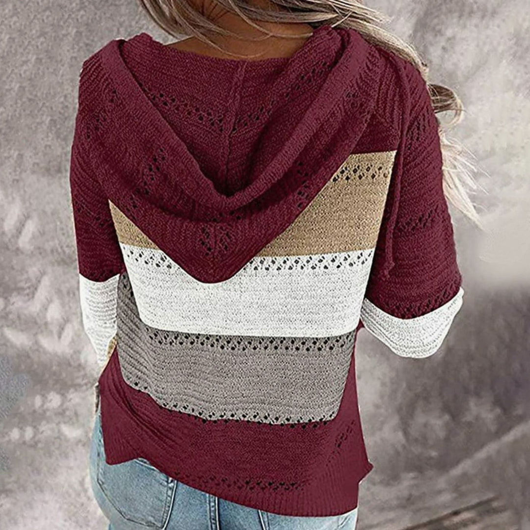 Dames Gebreide Trui met V-hals Capuchon Colorblock Losse Pasvorm