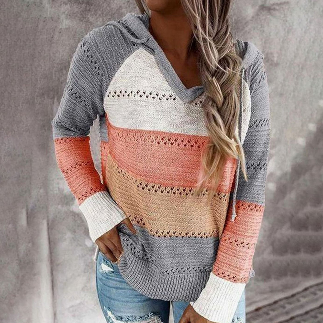Dames Gebreide Trui met V-hals Capuchon Colorblock Losse Pasvorm - Grijs