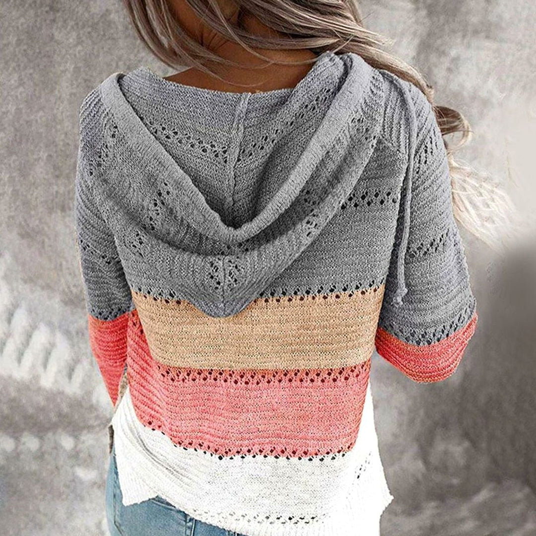 Dames Gebreide Trui met V-hals Capuchon Colorblock Losse Pasvorm