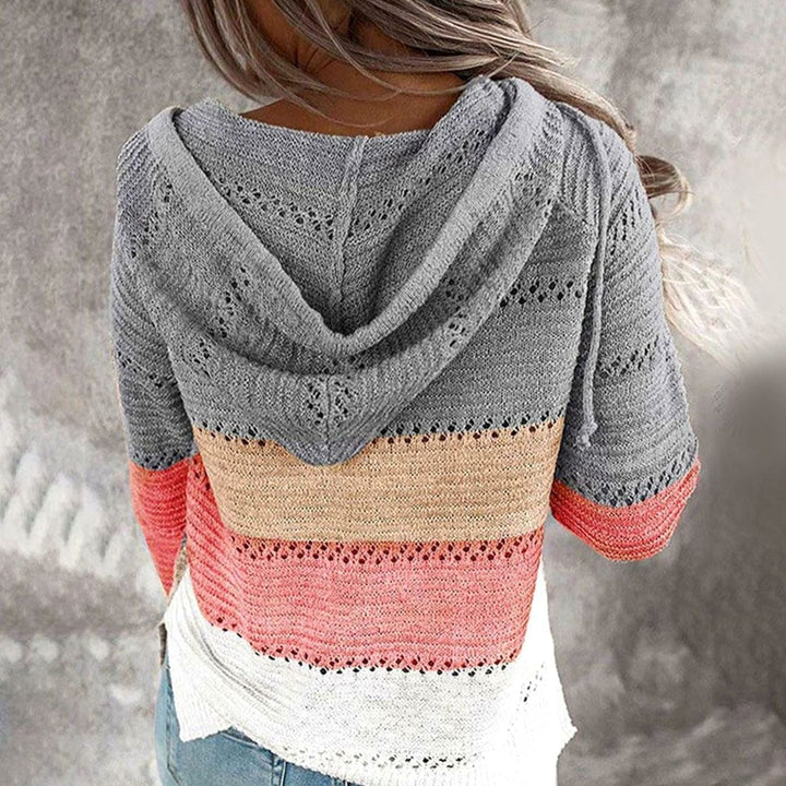 Dames Gebreide Trui met V-hals Capuchon Colorblock Losse Pasvorm
