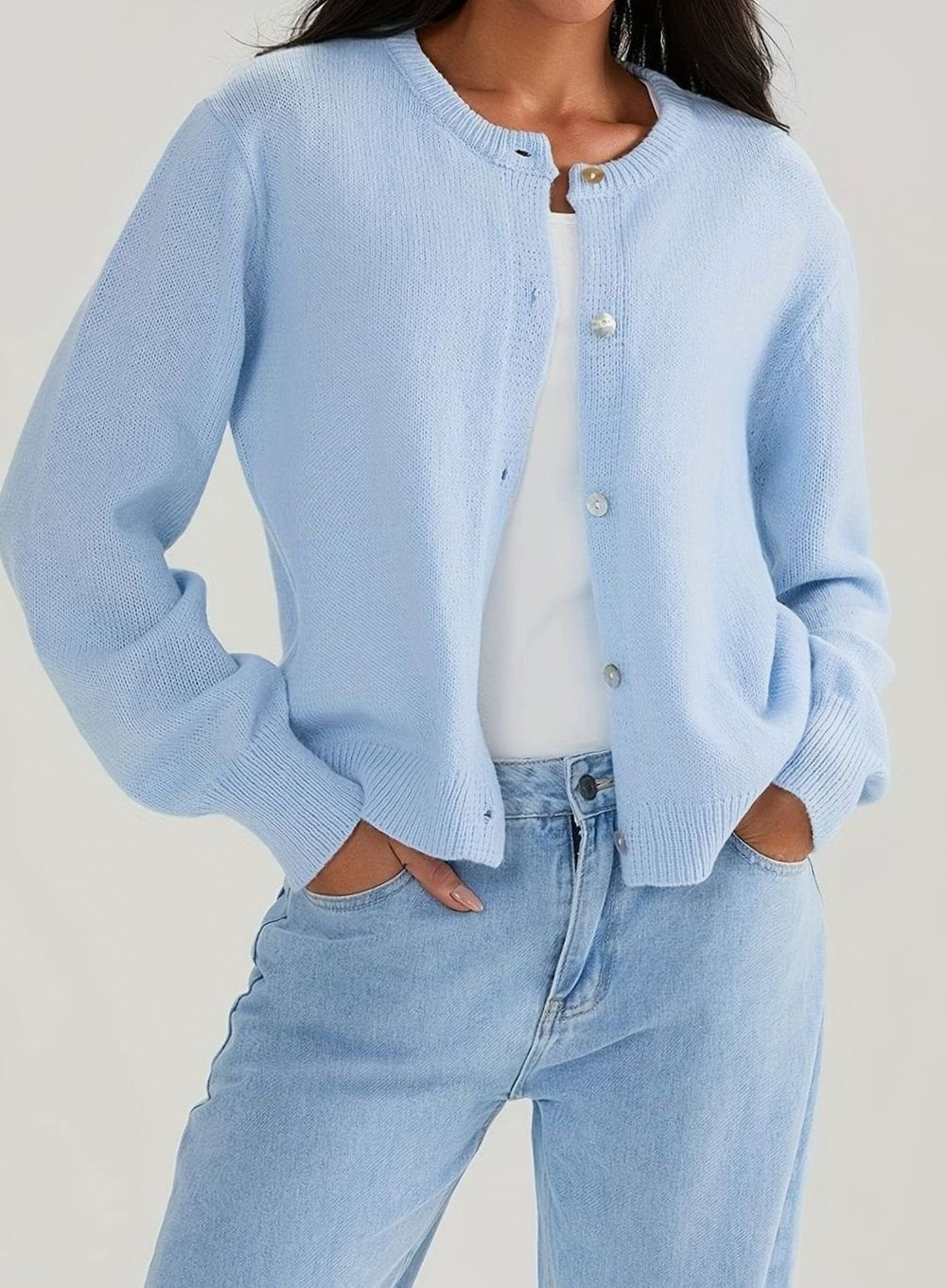 Dames Gebreide Trui Ronde Hals Knoopsluiting Regular Fit - Blauw