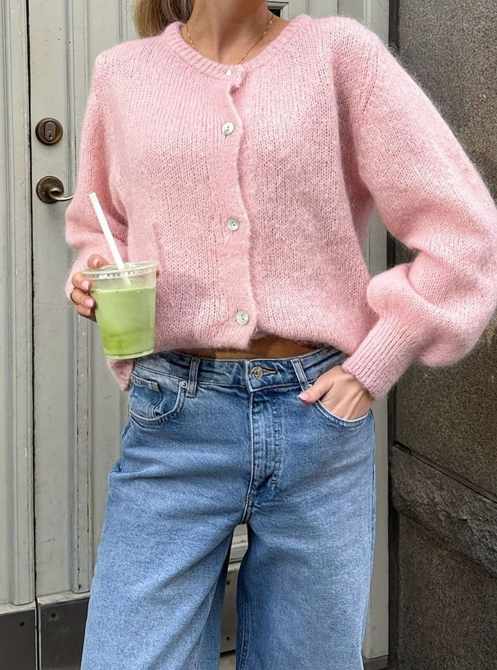 Dames Gebreide Trui Ronde Hals Knoopsluiting Regular Fit - Roze
