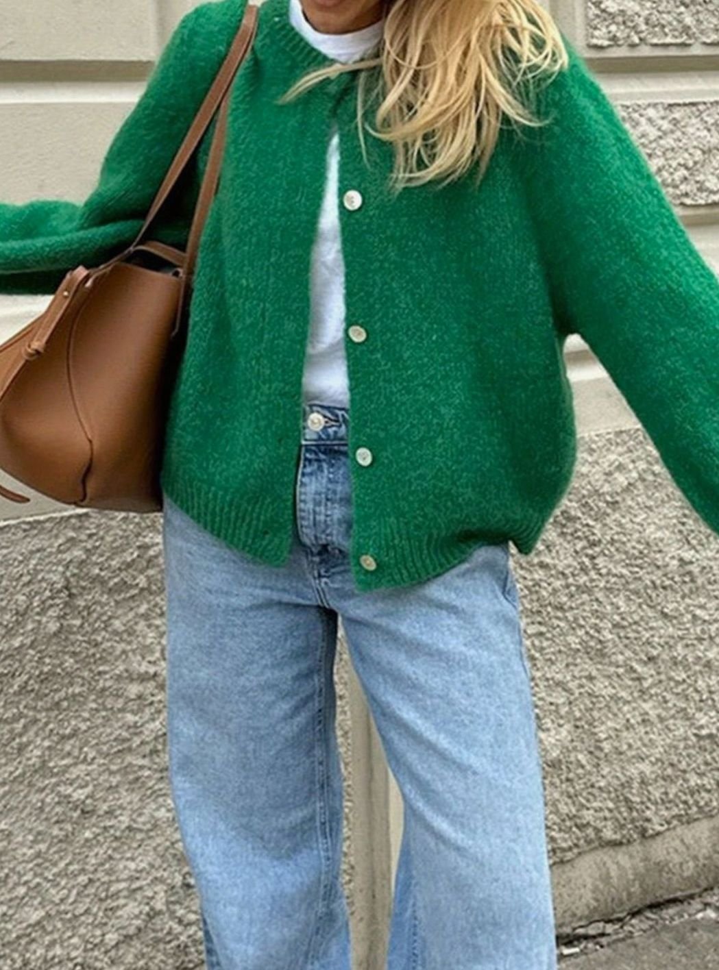 Dames Gebreide Trui Ronde Hals Knoopsluiting Regular Fit - Groen