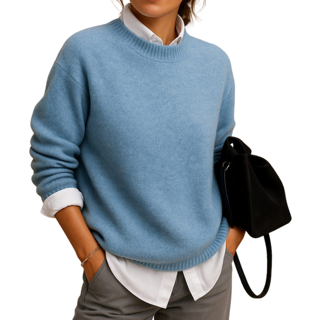 Dames Gebreide Trui Ronde Hals Lange Mouwen Geribbelde Boord - Blauw