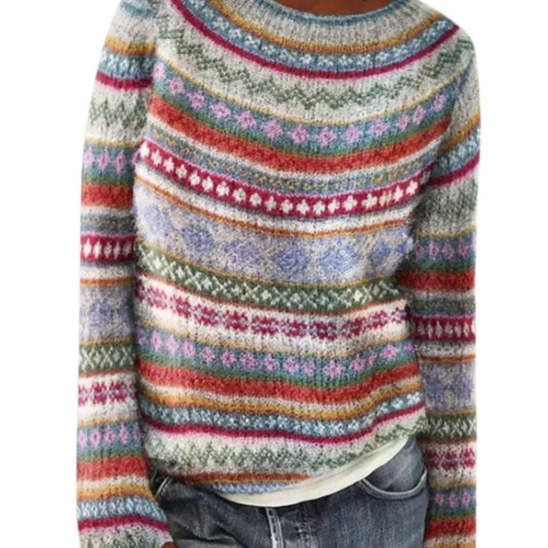 Dames Gebreide Trui Ronde Hals Lange Mouwen Kleurrijk Patroon - Blauw