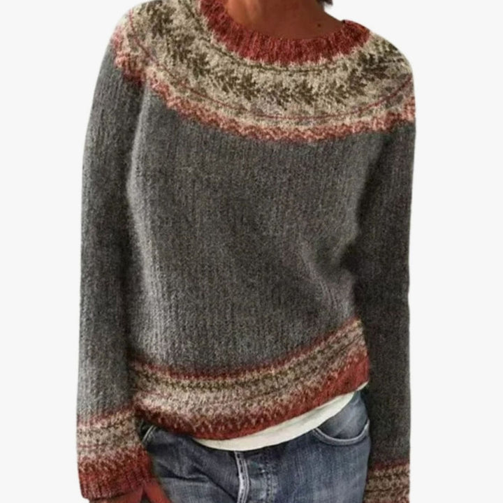 Dames Gebreide Trui Ronde Hals Lange Mouwen Kleurrijk Patroon - Grijs
