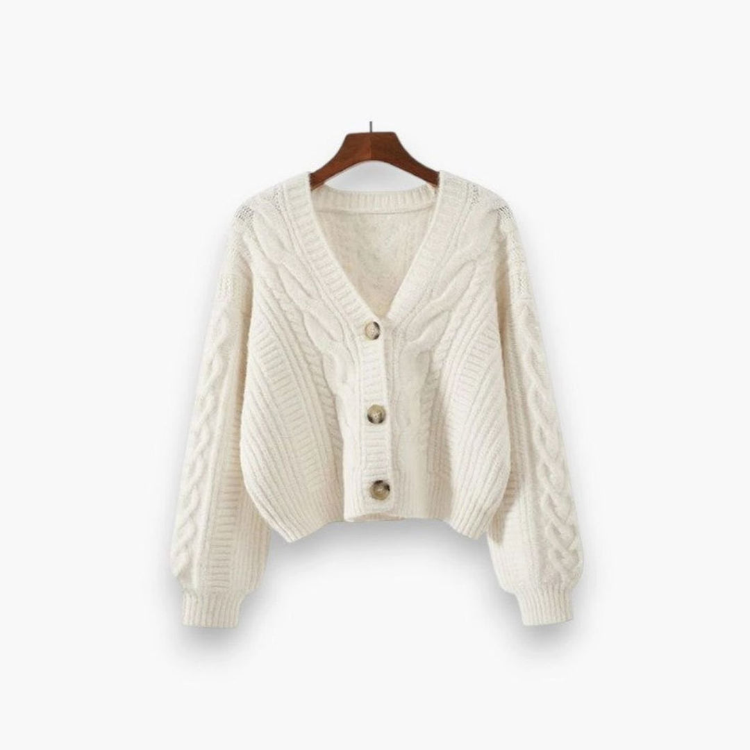 Dames Gebreide Trui V-hals Cable-knit Cardigan met Knoopsluiting - Wit