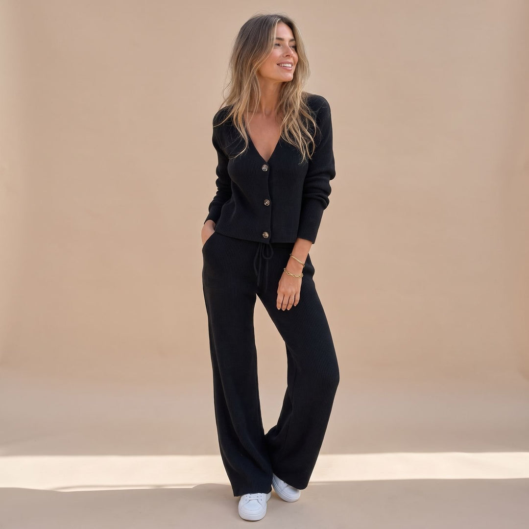 Dames Gebreide Vest Broek Twinset Wide Leg Geribde Co-ord - Donkerblauw
