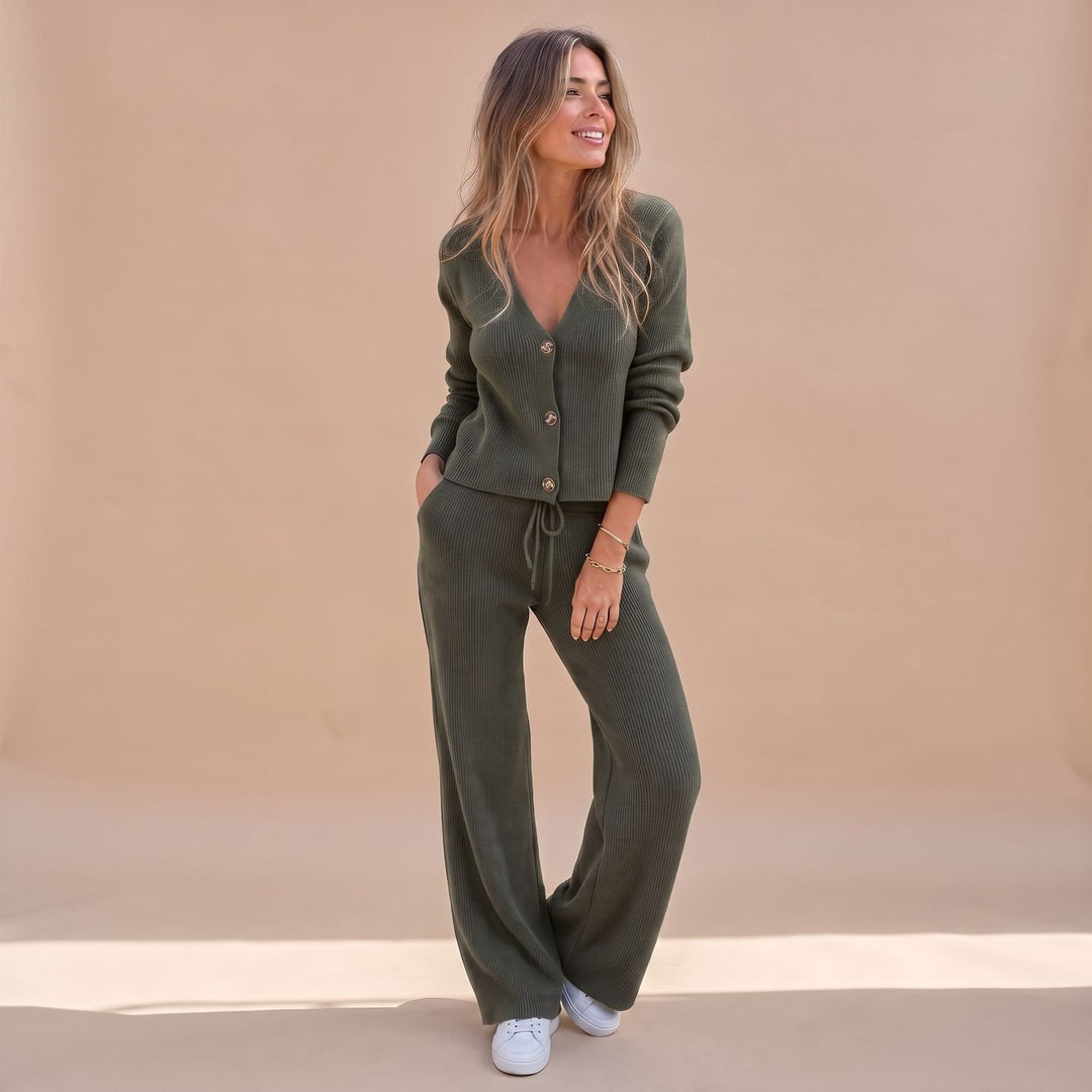 Dames Gebreide Vest Broek Twinset Wide Leg Geribde Co-ord