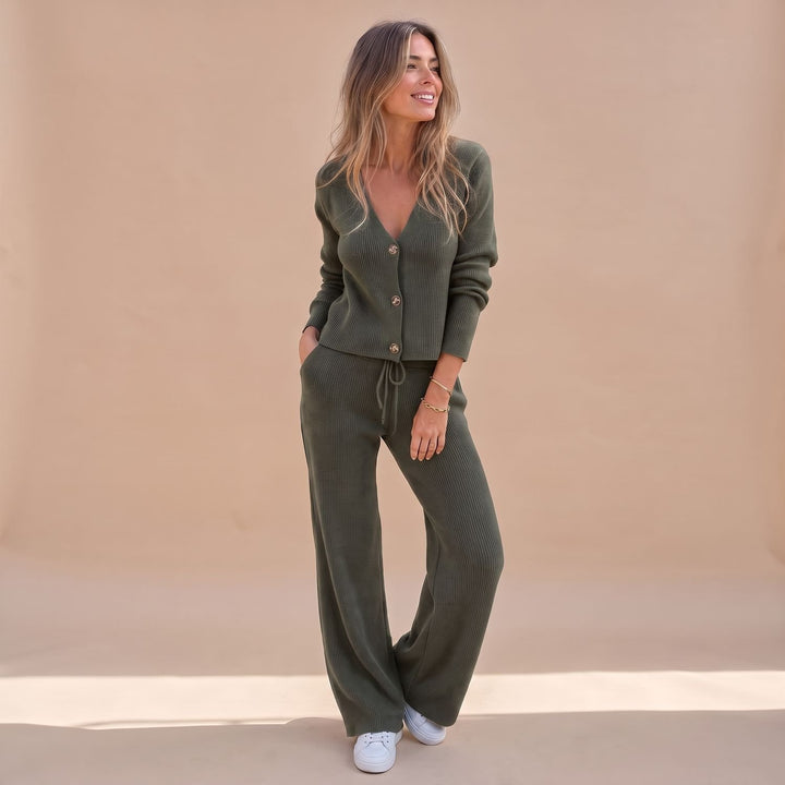 Dames Gebreide Vest Broek Twinset Wide Leg Geribde Co-ord