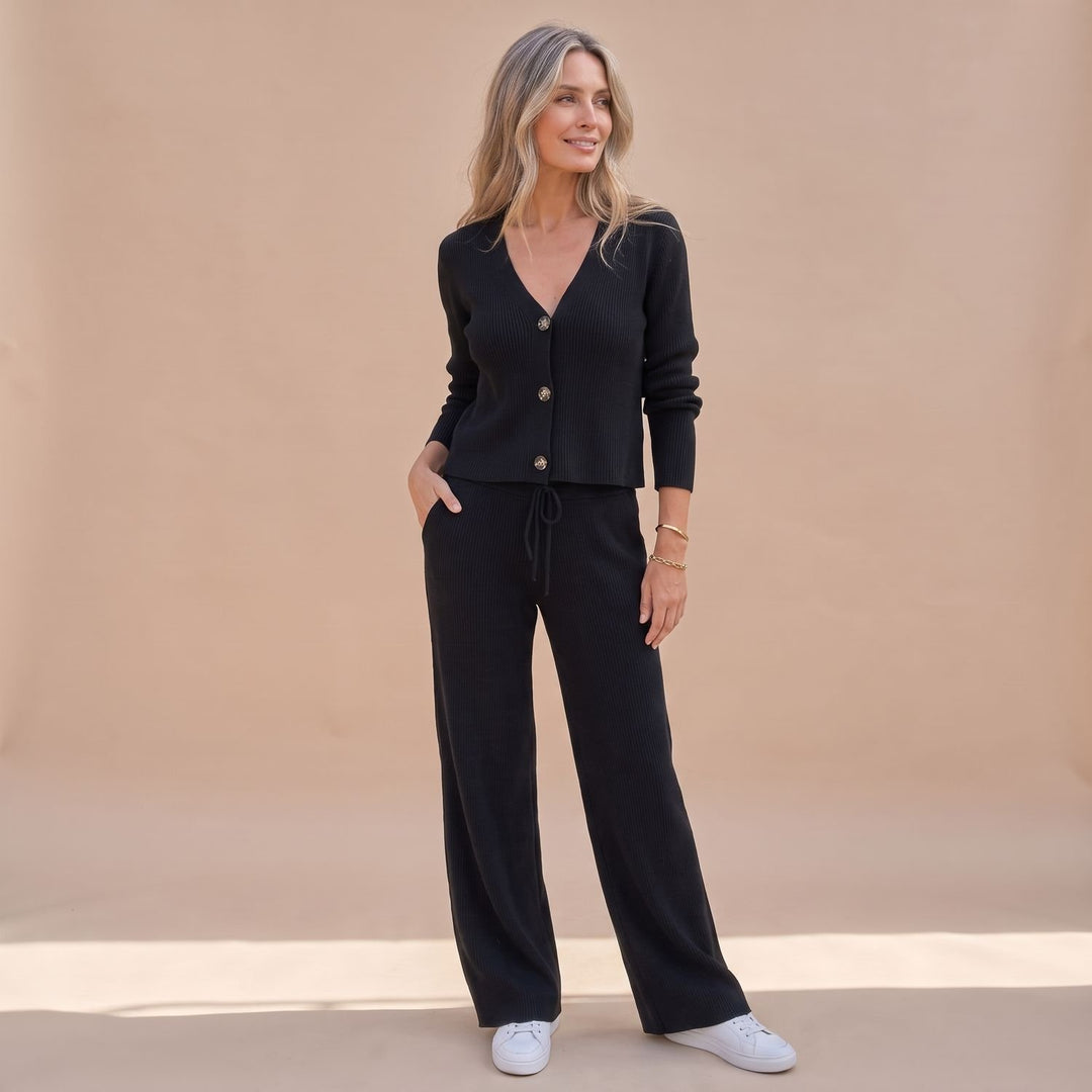 Dames Gebreide Vest Broek Twinset Wide Leg Geribde Co-ord