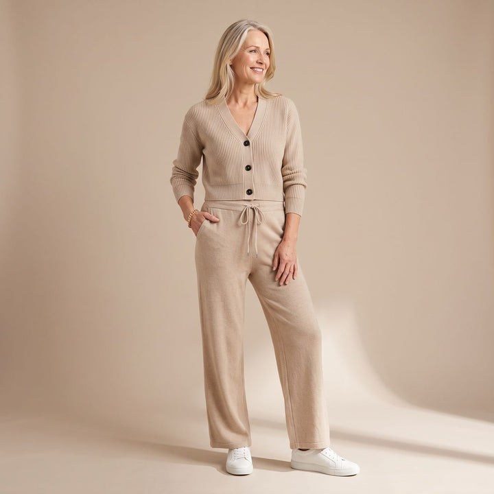 Dames Gebreide Vest Broek Twinset Wide Leg Geribde Co-ord - Grijs