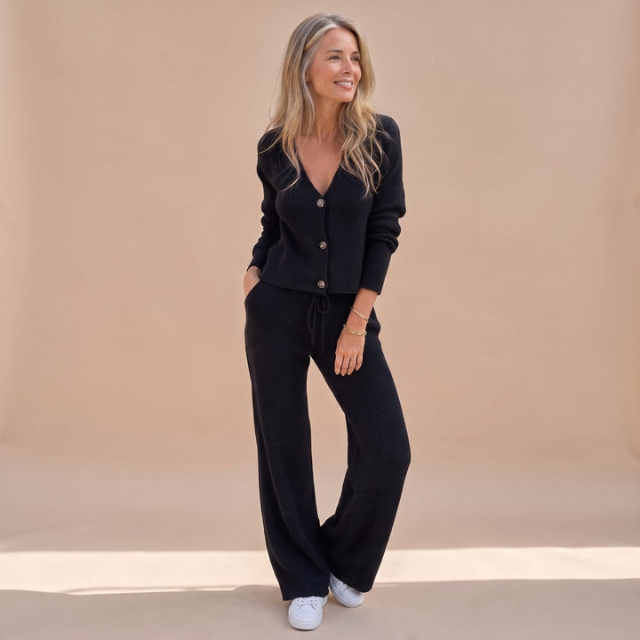 Dames Gebreide Vest Broek Twinset Wide Leg Geribde Co-ord