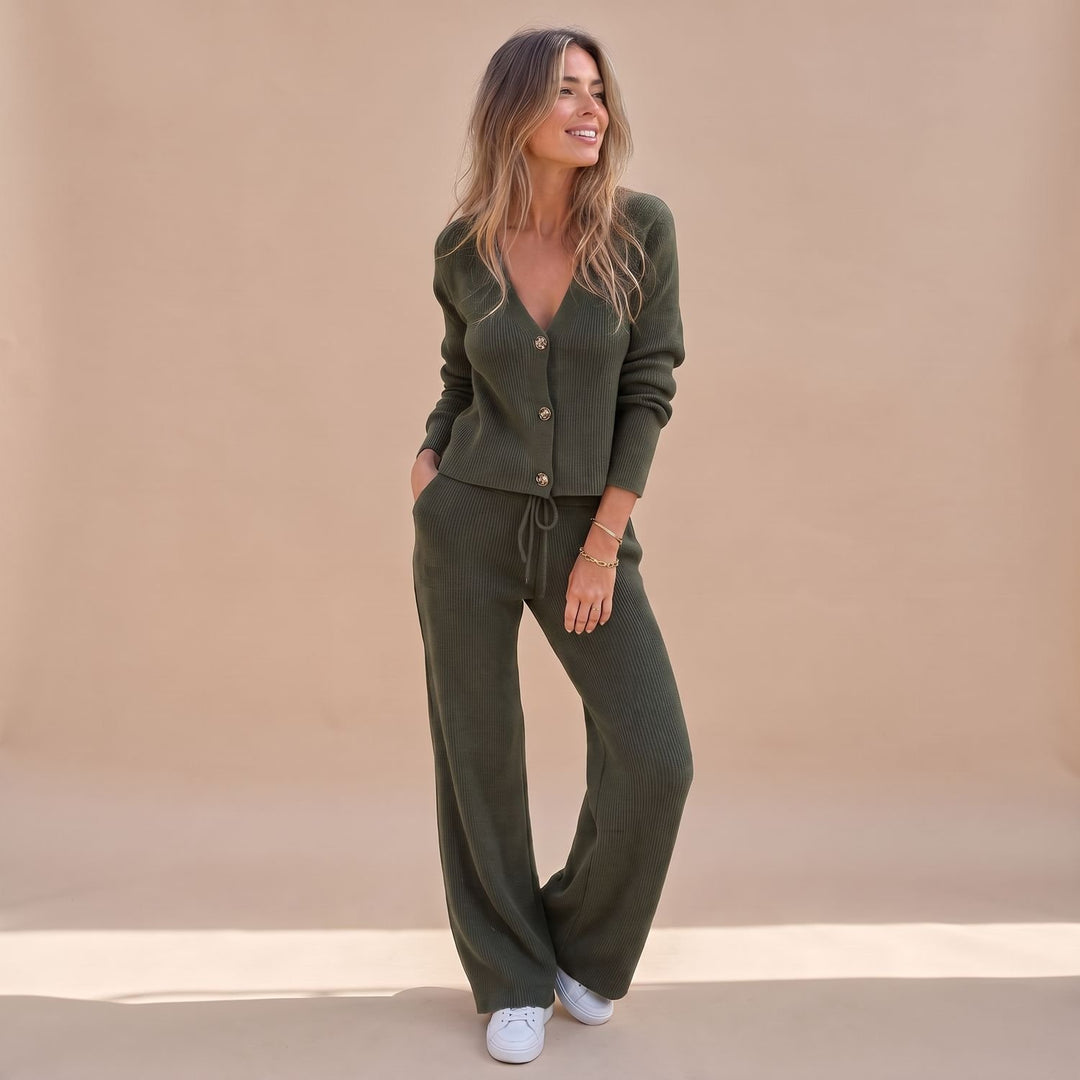Dames Gebreide Vest Broek Twinset Wide Leg Geribde Co-ord
