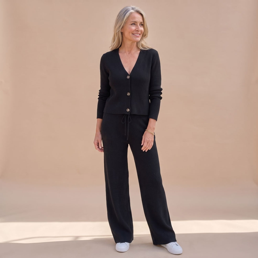 Dames Gebreide Vest Broek Twinset Wide Leg Geribde Co-ord