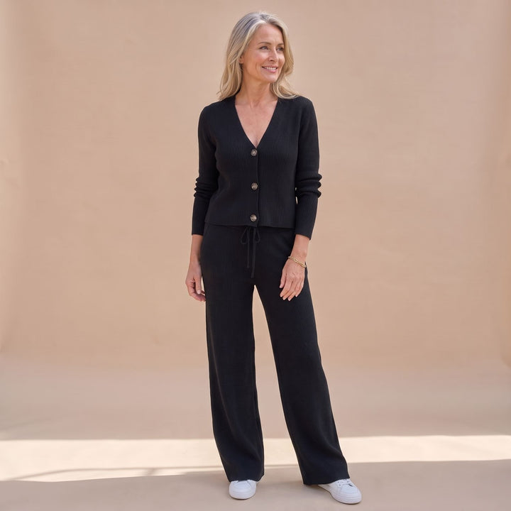 Dames Gebreide Vest Broek Twinset Wide Leg Geribde Co-ord