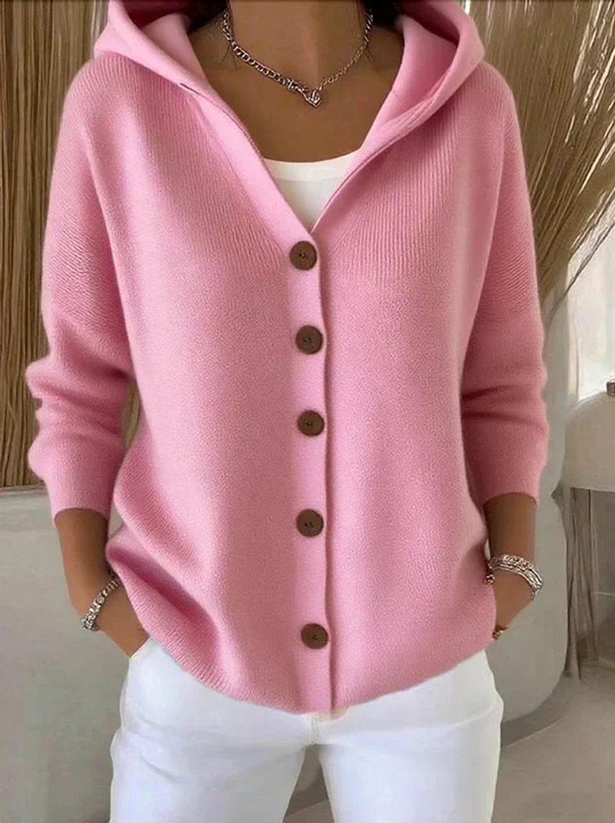 Dames Gehoode Knoopsluiting Oversized Cardigan - Pink