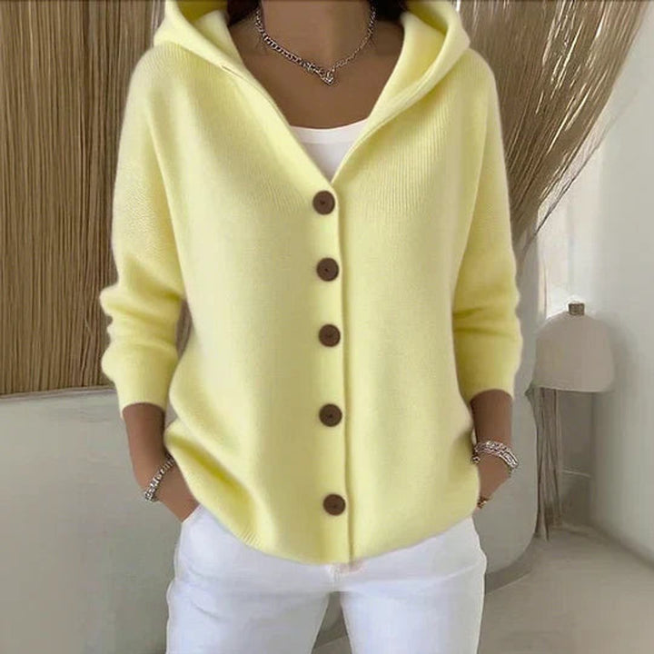 Dames Gehoode Knoopsluiting Oversized Cardigan - Yellow