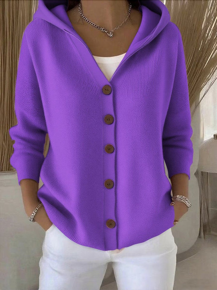 Dames Gehoode Knoopsluiting Oversized Cardigan - Purple