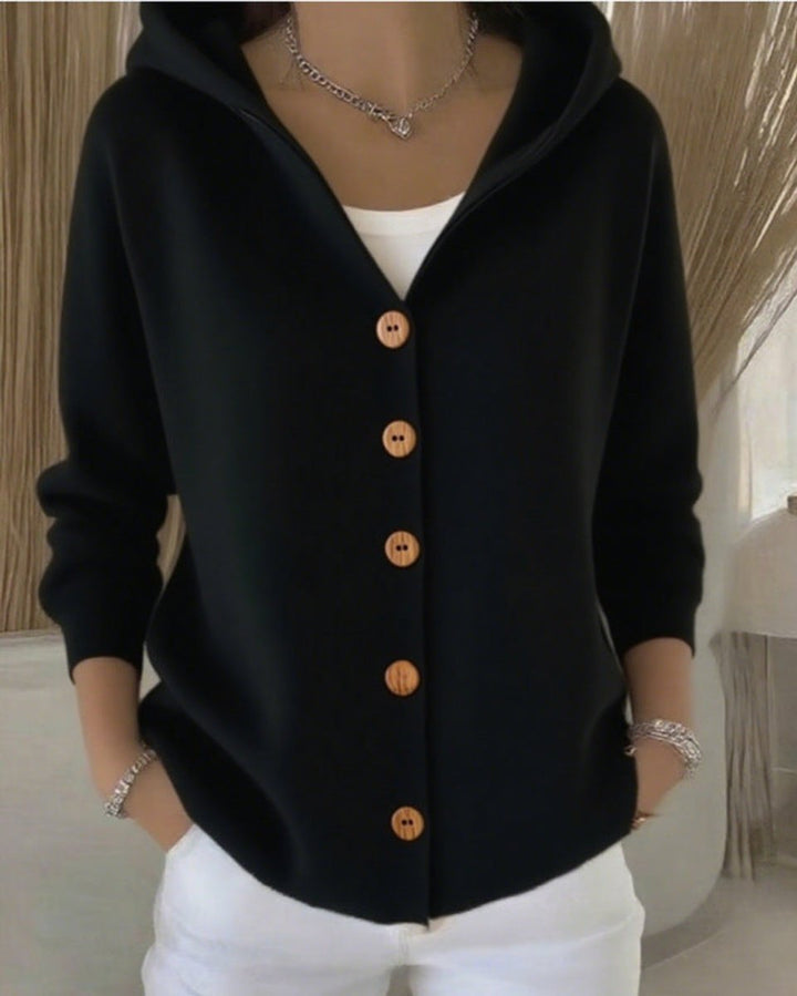 Dames Gehoode Knoopsluiting Oversized Cardigan - Black