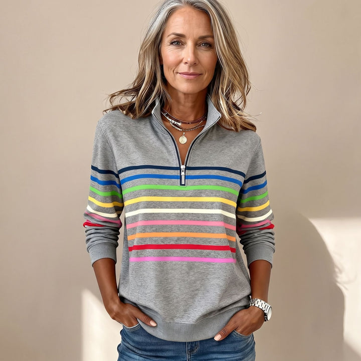 Dames Gekleurde Gestreepte Sweater met Kwart Rits en Staande Kraag - Grijs