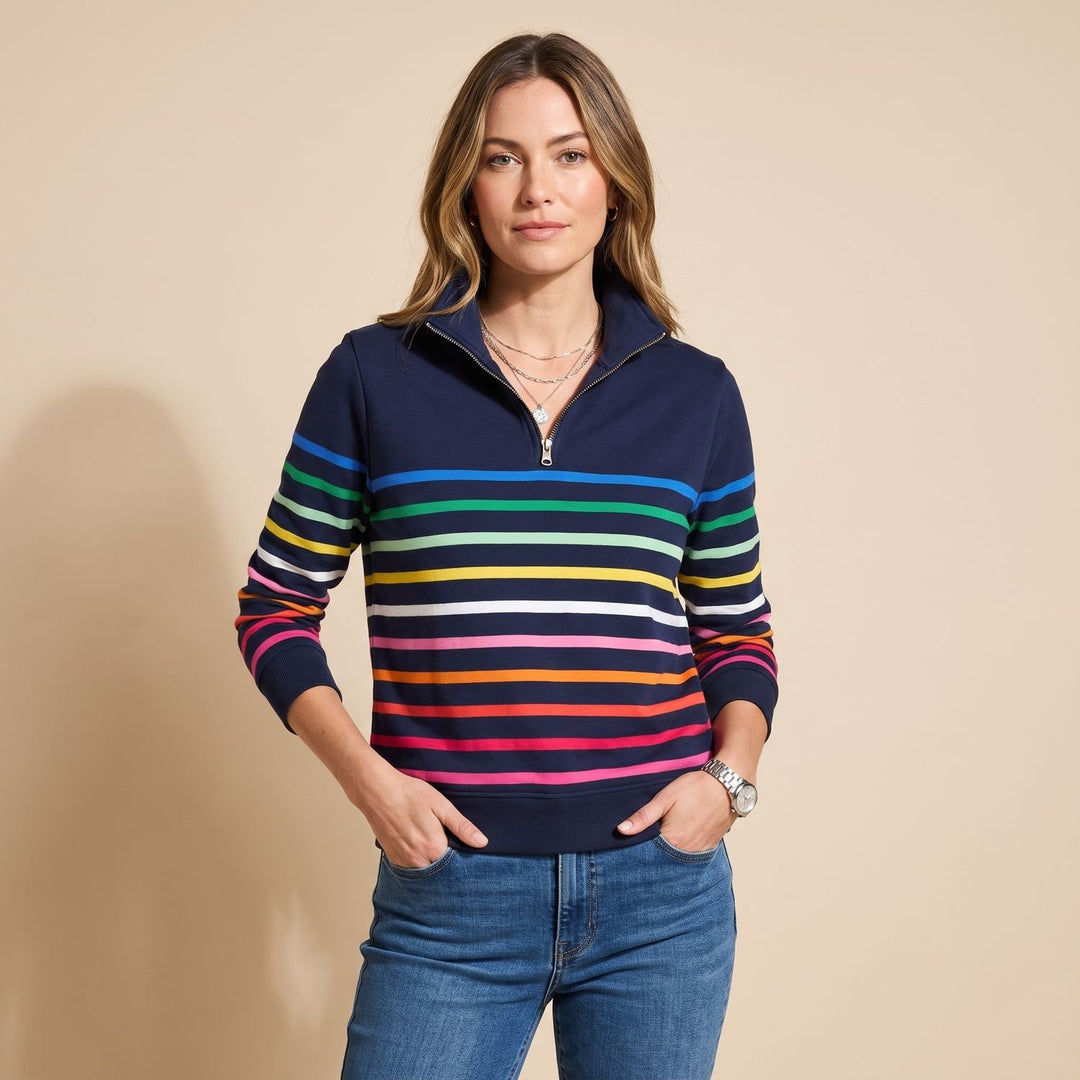 Dames Gekleurde Gestreepte Sweater met Kwart Rits en Staande Kraag - Marineblauw