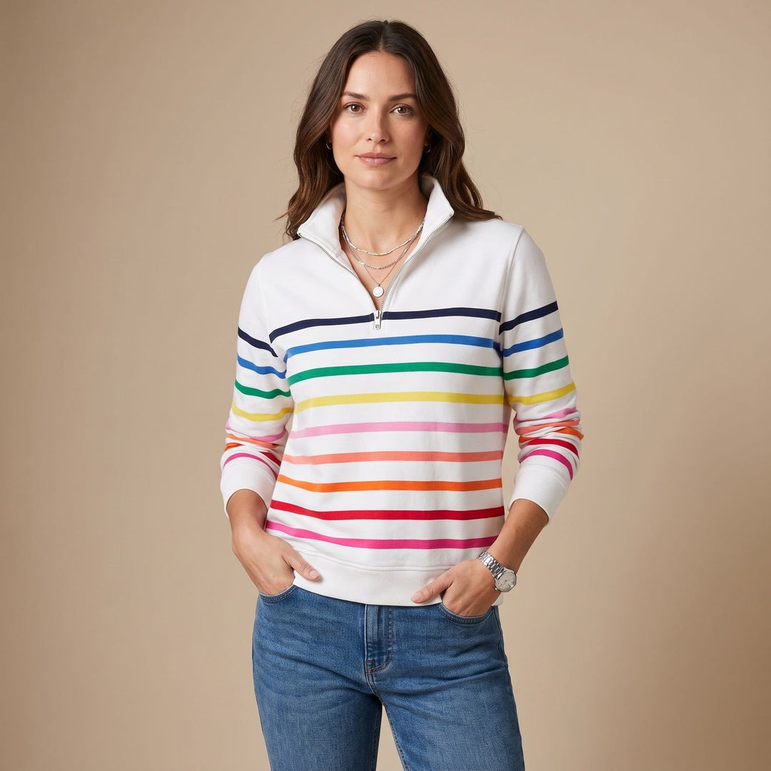 Dames Gekleurde Gestreepte Sweater met Kwart Rits en Staande Kraag - Wit