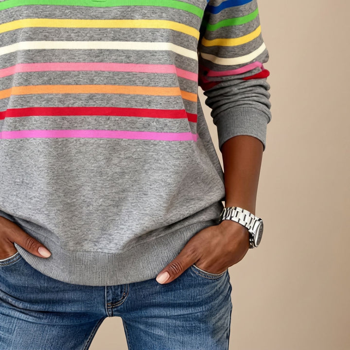 Dames Gekleurde Gestreepte Sweater met Kwart Rits en Staande Kraag