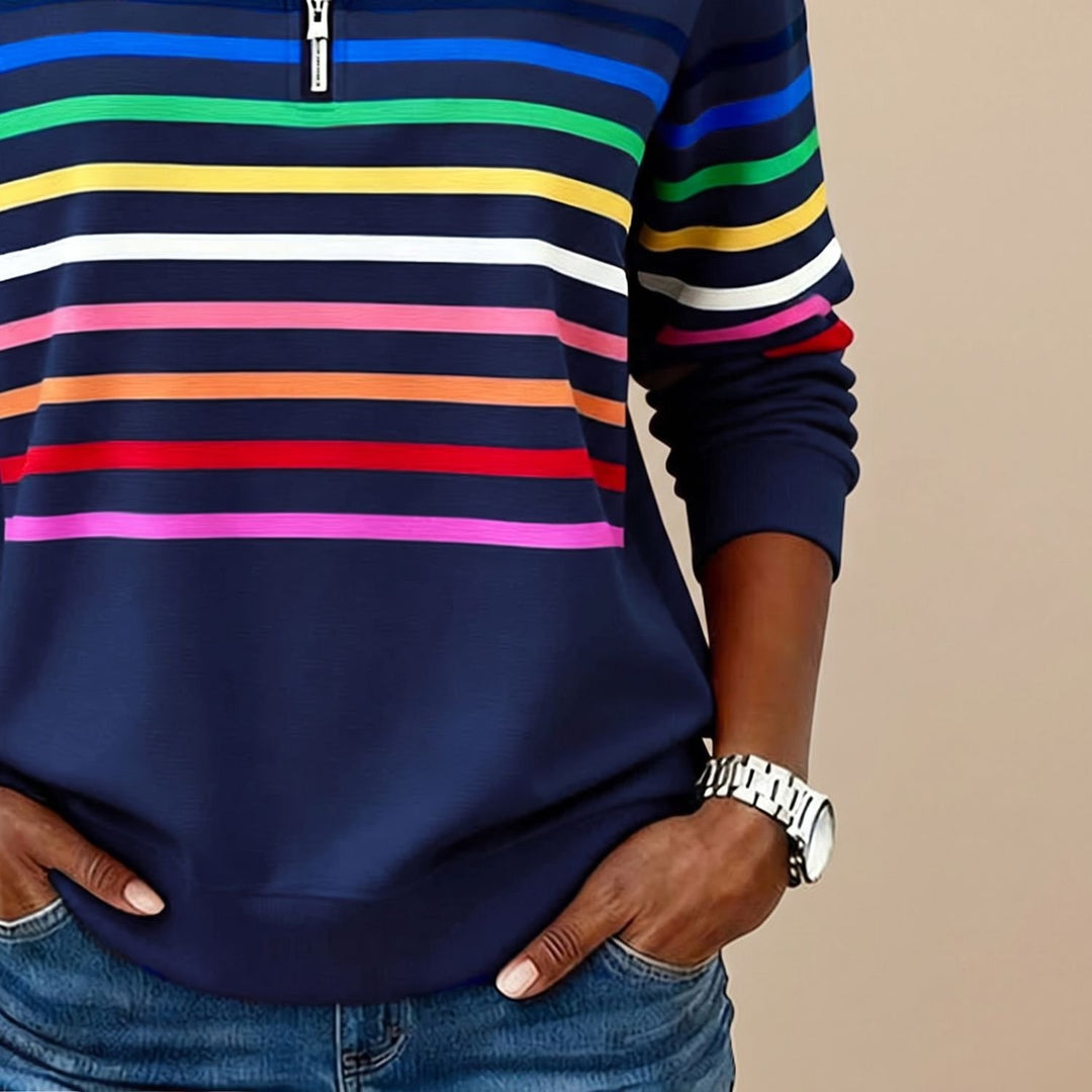 Dames Gekleurde Gestreepte Sweater met Kwart Rits en Staande Kraag