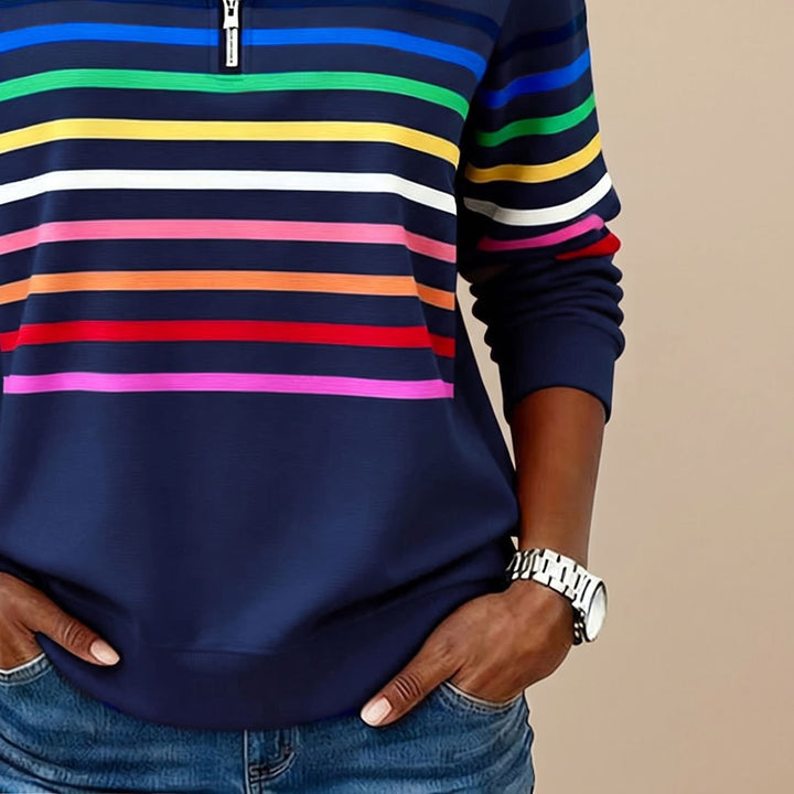 Dames Gekleurde Gestreepte Sweater met Kwart Rits en Staande Kraag