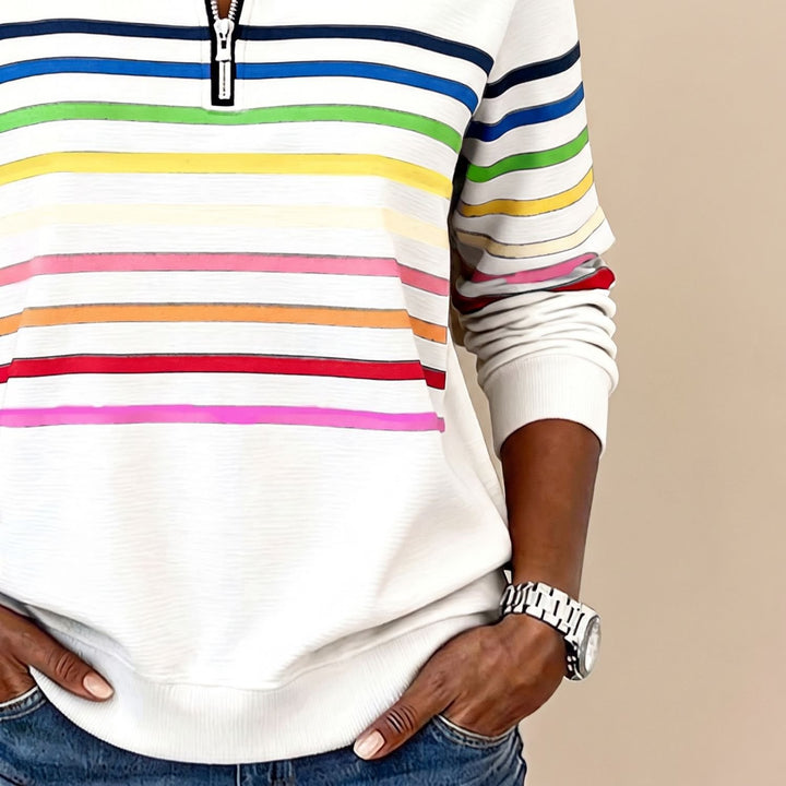 Dames Gekleurde Gestreepte Sweater met Kwart Rits en Staande Kraag
