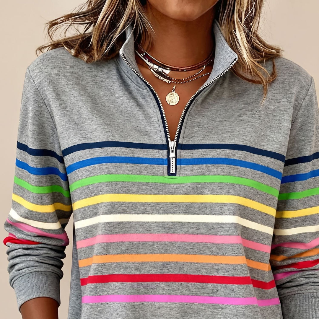 Dames Gekleurde Gestreepte Sweater met Kwart Rits en Staande Kraag